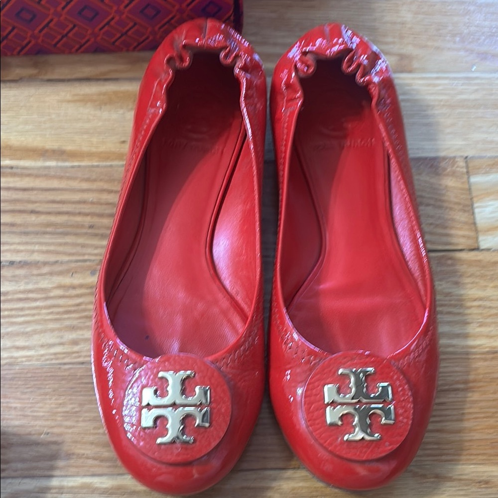 Tory Burch Vibrant Red Flats with Gold Logo